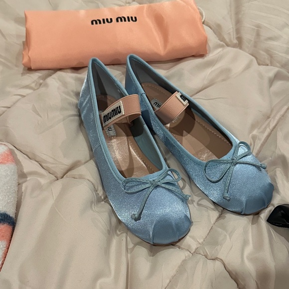 Miu Miu Shoes - MM Powder Blue Satin Ballet Flats with Pink Strap
